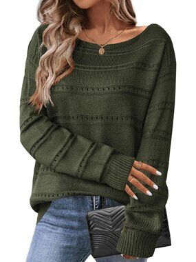 Women Army Green Long Sleeve Boat Neck Pullover Zeagoo Sweaters Pull On Sweater